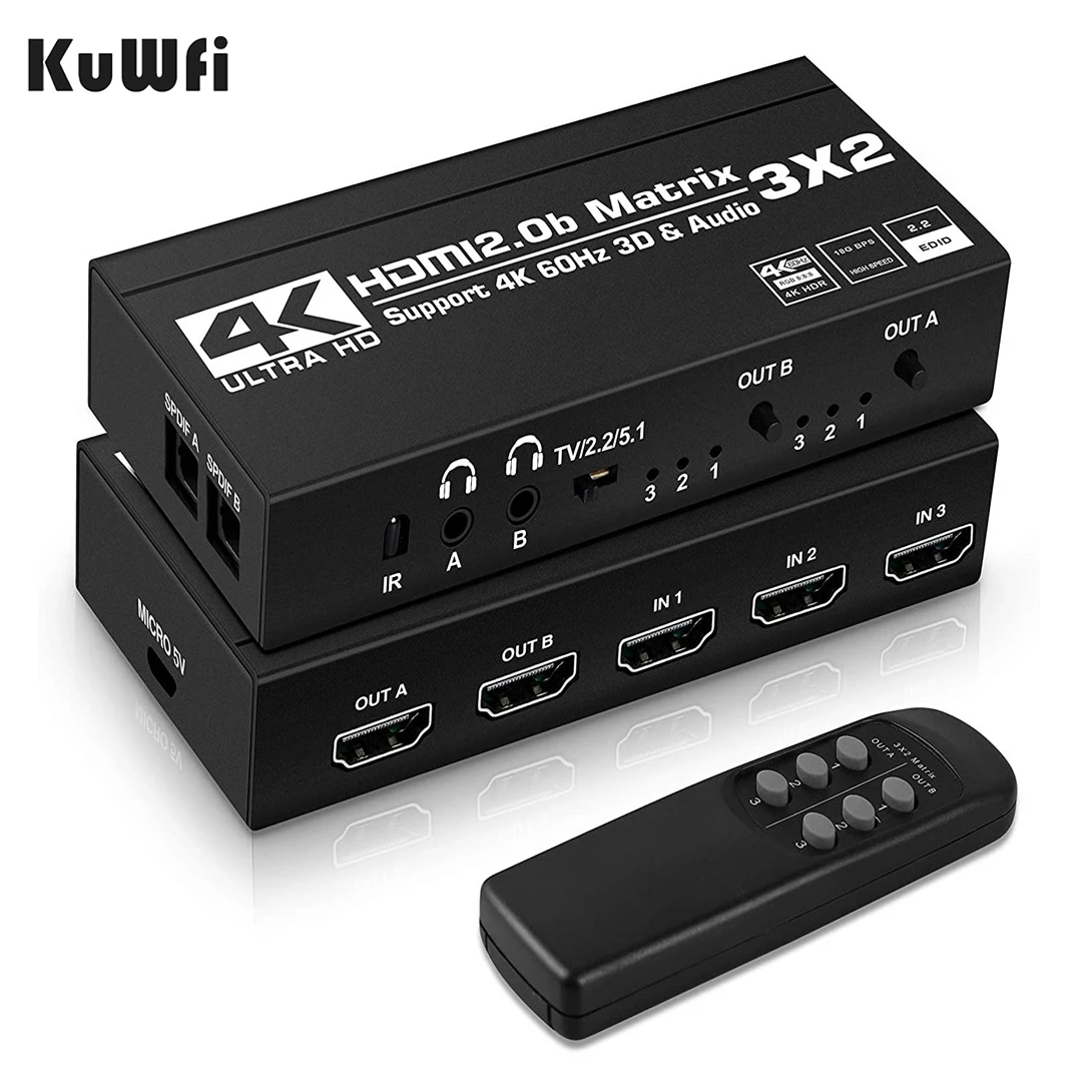 KuWFi 4K/60Hz zdalny przełącznik przełącznik HDMI 3x2 podwójny ekstraktor Audio 2.0b Matrix Splitter dla PS4/5 xbox TV odtwarzacz HD DVD