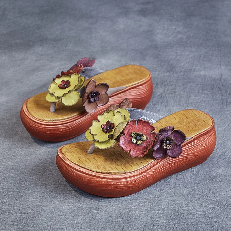 ZXRYXGS 100% Genuine Leather Summer Women\'s Slippers Flower Fashion Sandals 2024 Increase Shoes Platform Slippers Wedges Sandals