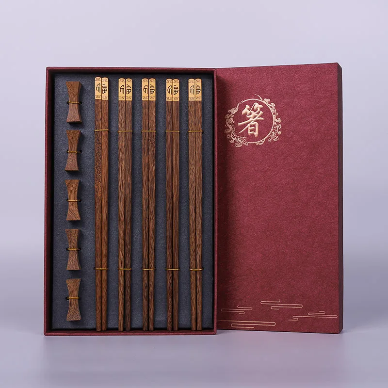 High Quality Premium Wooden Gift Box Packaging Household Cylindrical Natural Wenge Wooden Chopsticks Tableware Set