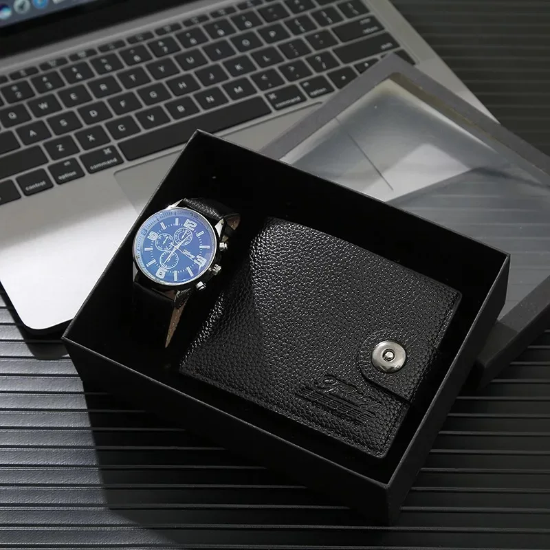 Men Watches  High Quality Quartz Wrist Watch with Folding Clasp Leather Wallet Gift Set for Men Boyfriend Dad Father\'s day Gifts