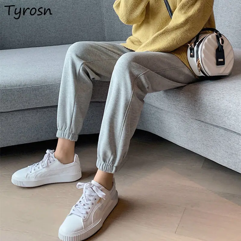 

Casual Pants Women Solid Gray Running High Waist Harem Pant Ulzzang All-match Loose Tie Feet Thicker Trousers Joggers Mujer Chic