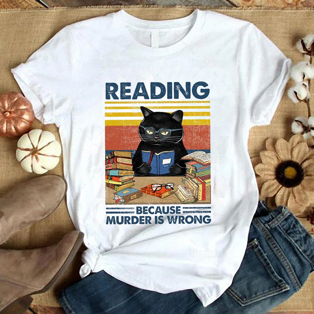 Maglietta del gatto nero in stile Vintage che legge perché l\'uccisione è un errore amanti dei libri divertenti magliette grafiche in cotone