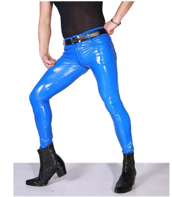 Men Sexy Slim Pants Glossy Shiny Faux Leather Skinny Stretchy Trousers Stage Outfit Stylish