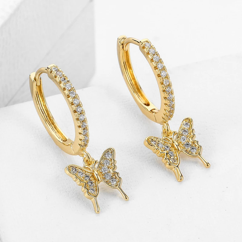 Trendy Butterfly Pendant Hoop Earrings For Women Stainless Steel Rhinestone Exquisite Dangle Hoop Earrings Brincos Party Jewelry