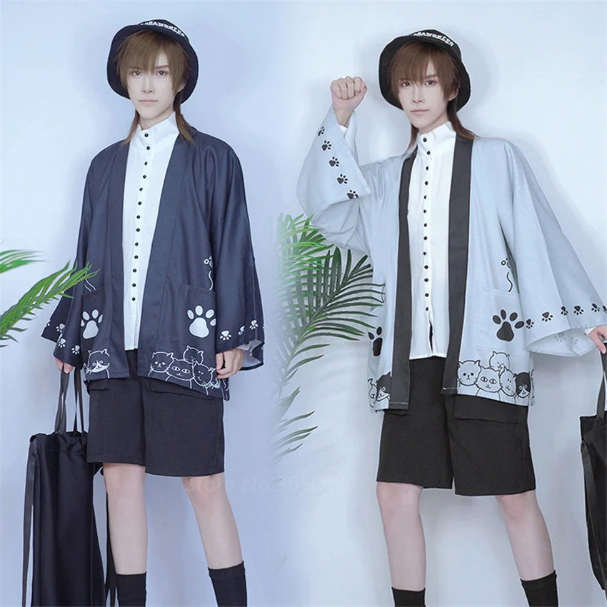 

Men Asia Fashion Kimono Cardigan Sun Protection Cardigan Clothes Traditional Japanese Streetwear Cute Cat Print Chiffon Women