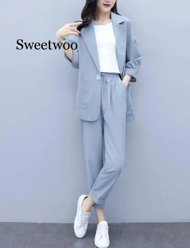 

Women Autumn summer Causal 2 piece setssuit Solid Cotton and linen Blazer Coat Harem Pants Suits