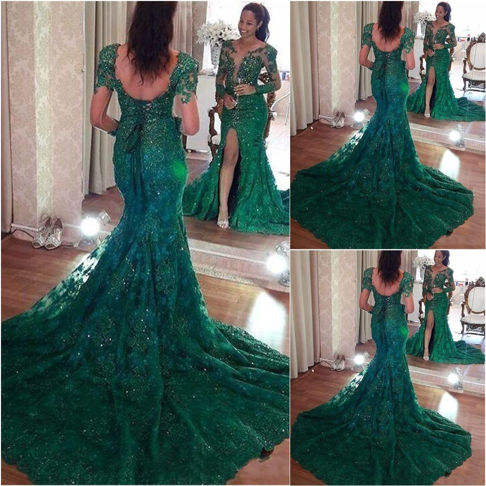 

Formal Dresses Sweep Train Prom Party Gown Illusion Evening Dress Trumpet Mermaid Thigh-High Slits O-Neck Long Sleeve Beaded