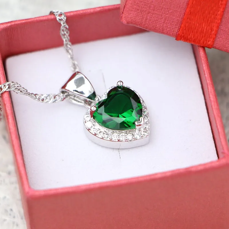 Heart Pendant Necklace Green Cubic Zirconia 925 Silver Jewelry for Women