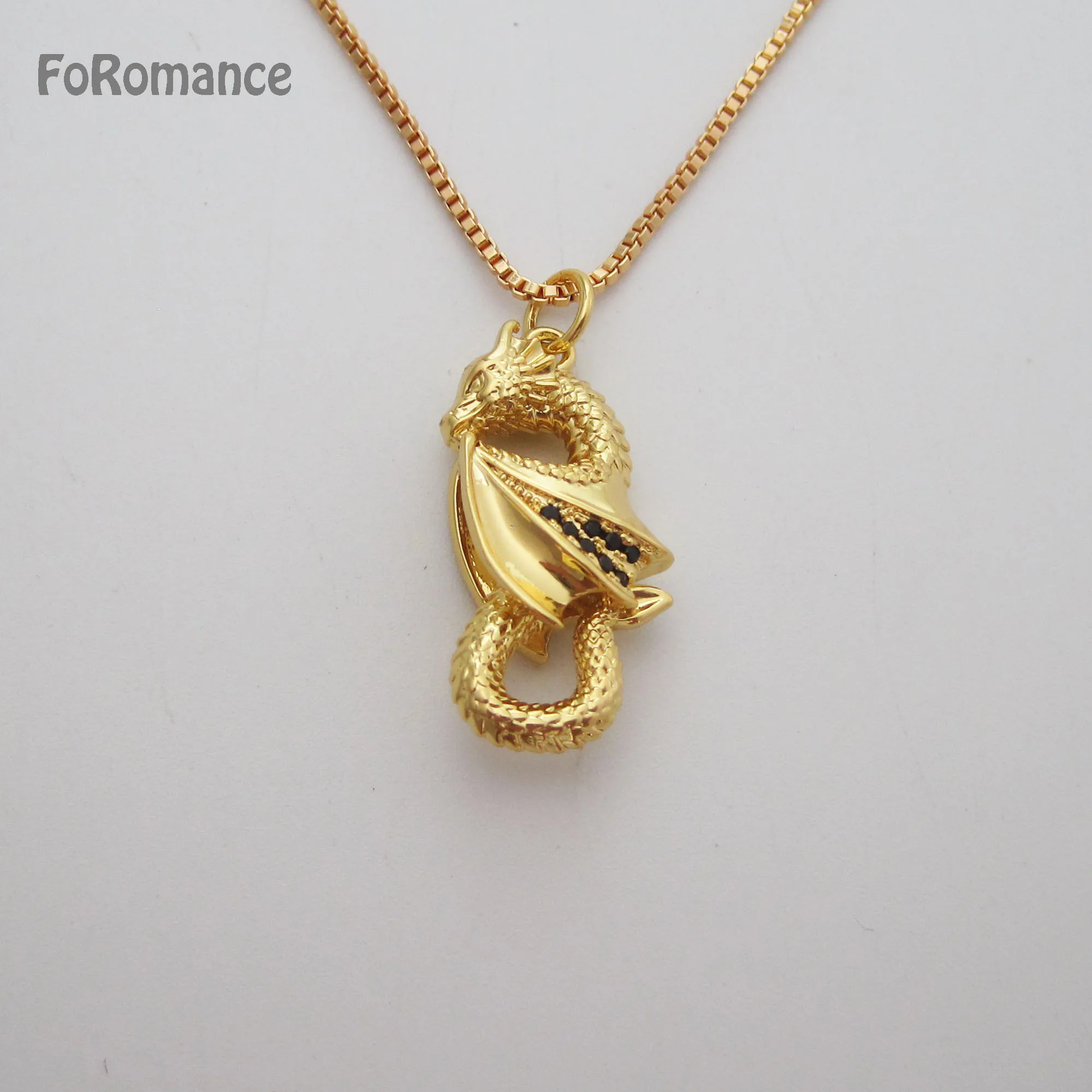 YELLOW GOLD PLATED 45CM BOX CHAIN 3D DRAGON WITH BLACK CZ STONES ON THE WING PENDANT HEIGHT 27MM 1.06INCH FASHION JEWELRY