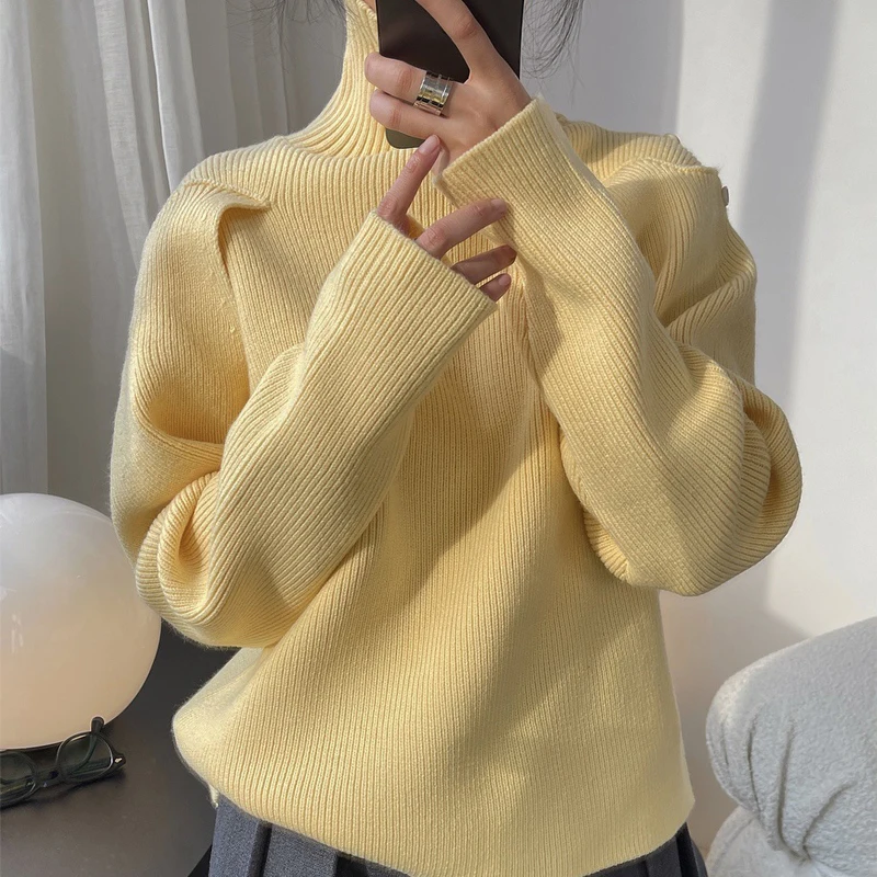 Winter women\'s casual solid color high-neck long-sleeved loose sweater