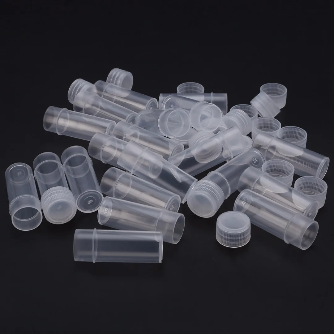 100pcs 5ml Plastic Test Tubes Vials Sample Container Powder Craft Cap Bottles for Office School Chemistry Supplies.