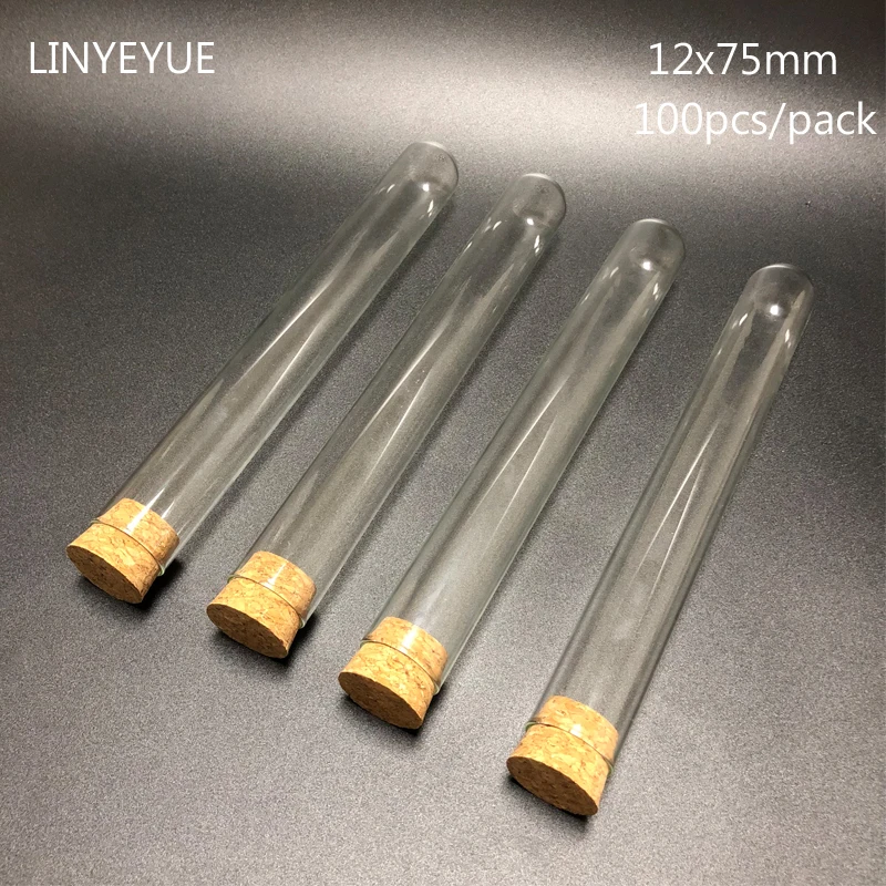 100 Pieces/pack 12x75mm Lab Round Bottom Glass Test Tube with Cork Stopper Laboratory Glassware