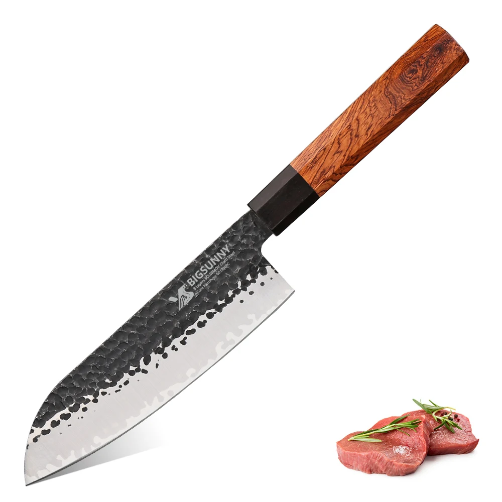 

BIGSUNNY 7.8” Forged Meat Knife Santoku Knife 3 Layers 9CR18MOV Clad Steel with Octagonal Rosewood Handle