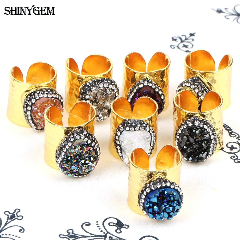 ShinyGem Natural Druzy Crystal Healing Stone Rings For Women Girls Exaggerated Mixed Color to Choose Big Gemstone Finger Jewelry