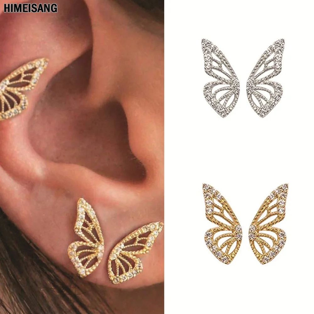 Silver Gold Earrings Fashion Full CZ Zircon Butterfly Stud Earring for Women Woman Ear Rings Girls Wholesale Aretes De Mujer