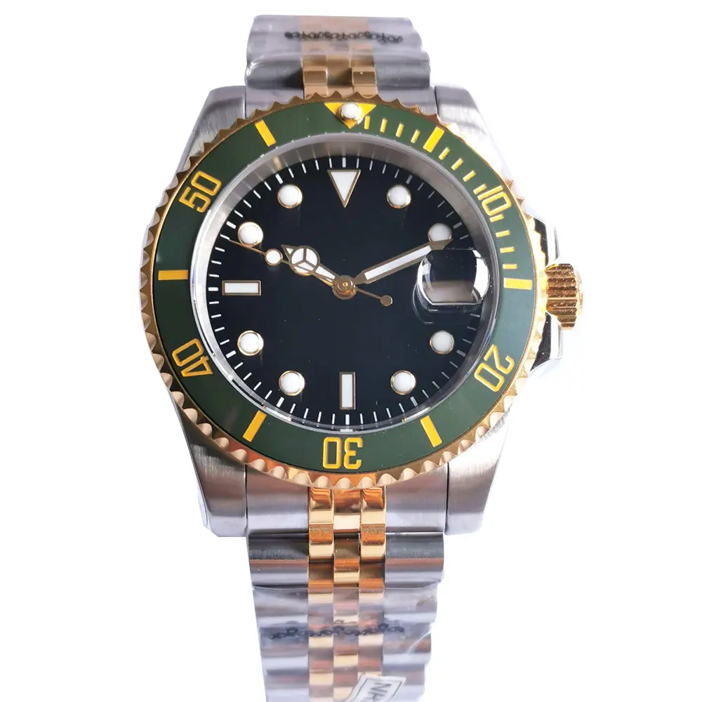 

Gold Plated 40mm Sapphire Two Tone Steel Automatic Watch for Men Mechanical NH35 Movement Black Sterile Dial Date Cyclop