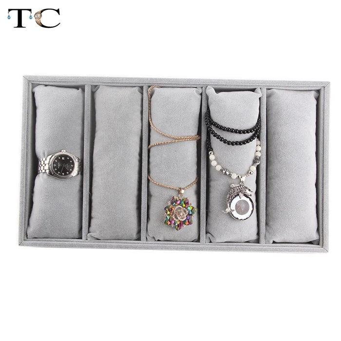 Watch Display Case Velvet Organizer Holder Bracelet Display Holder Organizer Jewelry Tray with 5 Grids Pillows