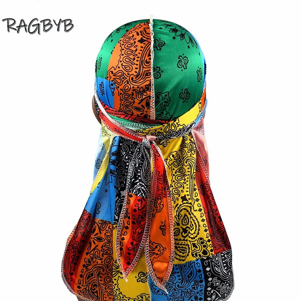 Fashion Men Silk Durag Paisley Printing Silky Durags Bandanas for Men Long Straps Headwear Head Scarf Wave Cap Headwrap Durags