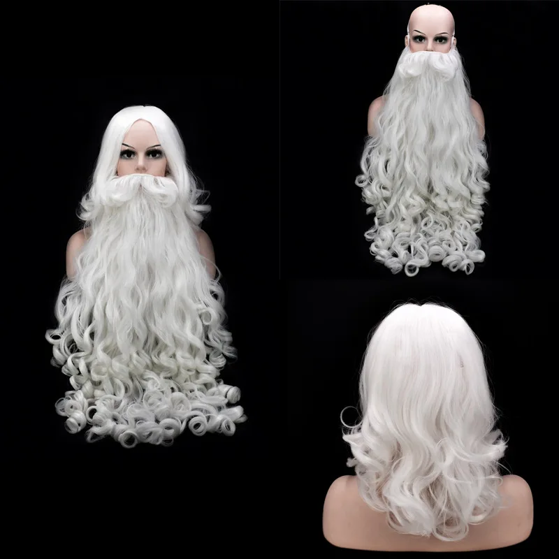 Parrucca da barba di babbo natale parrucca Cosplay di capelli sintetici lunghi ricci bianchi 60/80cm barba festa di Halloween regali di natale Unisex