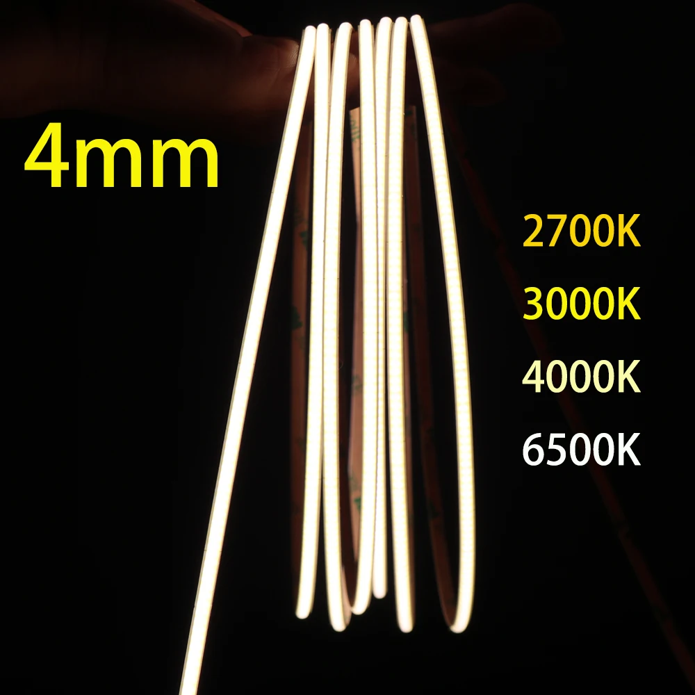 4MM 울트라 얇은 COB LED 스트립 바 빛 고밀도 24V 12V 따뜻한 차가운 흰색 RA90 480 LED 유연한 LED 빛 스트립 테이프 램프