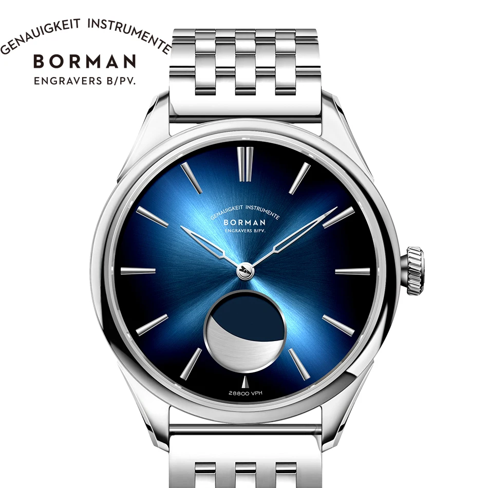 BORMAN สแตนเลสผู้ชายนาฬิกา Power Reserve 80 ชั่วโมง Moon Phase นาฬิกาอัตโนมัติ Sapphire กระจกกันน้ํา 50M นาฬิกา