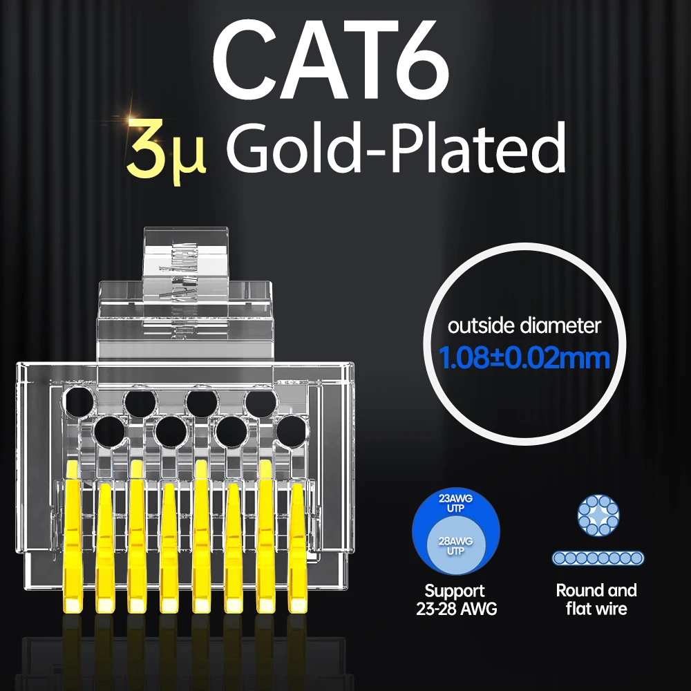 AMPCOM CAT6 CAT5E Pass Through RJ45 Modularstecker Netzwerkanschlüsse UTP 3/50μ vergoldetes 8P8C Crimp End für Ethernet-Kabel