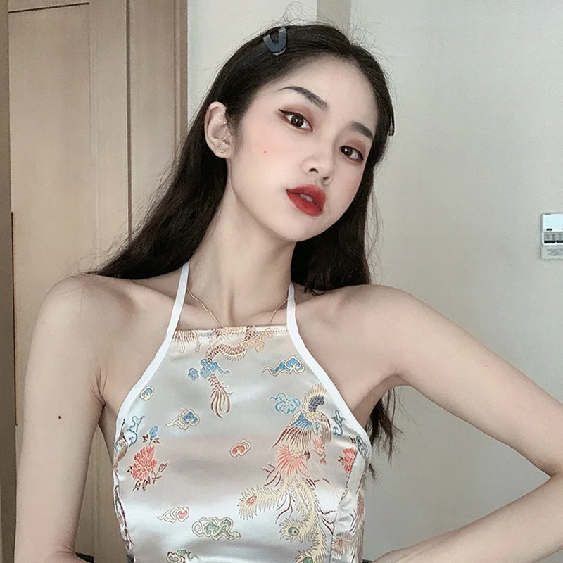 Tanks Women Dragon and Phoenix Embroidery Sexy Retro Backless Crop Tops Halter Clubwear Fashion Slim Lace-up Outwear All-match