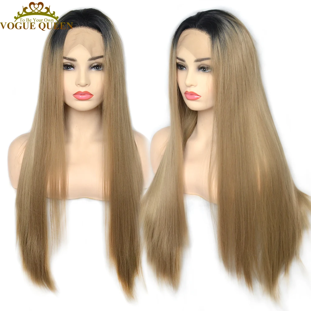 

Vogue Queen Dark Ash Blonde With Black Root Synthetic Lace Front Wig Heat Resistant Fiber Daily Wearing For Women