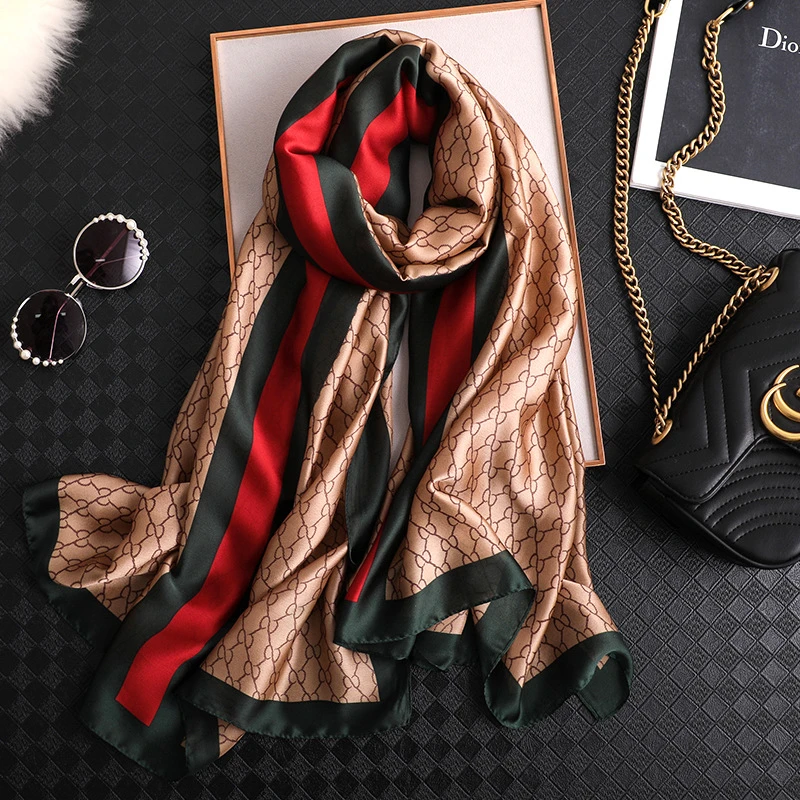 Fashion Women Scarf Luxury Brand Striped letter Print Hijab Silk Shawl Scarfs Foulard Head Scarves Wraps Sunscreen beach towel