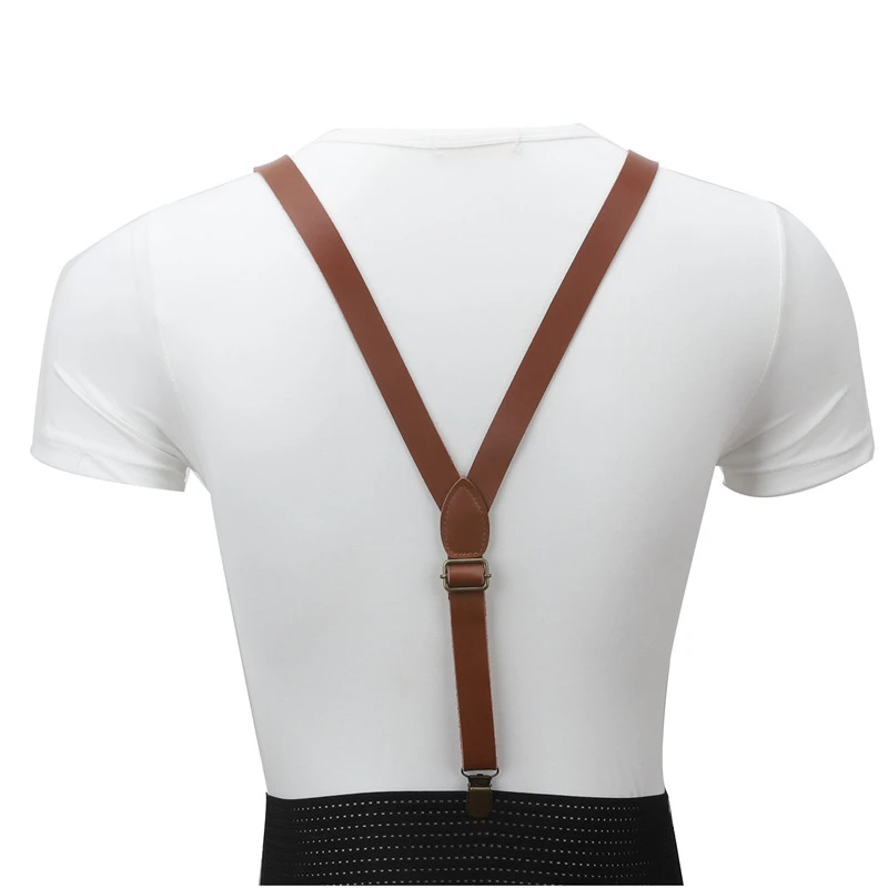 110*2cm Vintage Genuine Leather Suspender Mens/Women Adjustable Belt Bronze Brace Clips On Y-back Braces