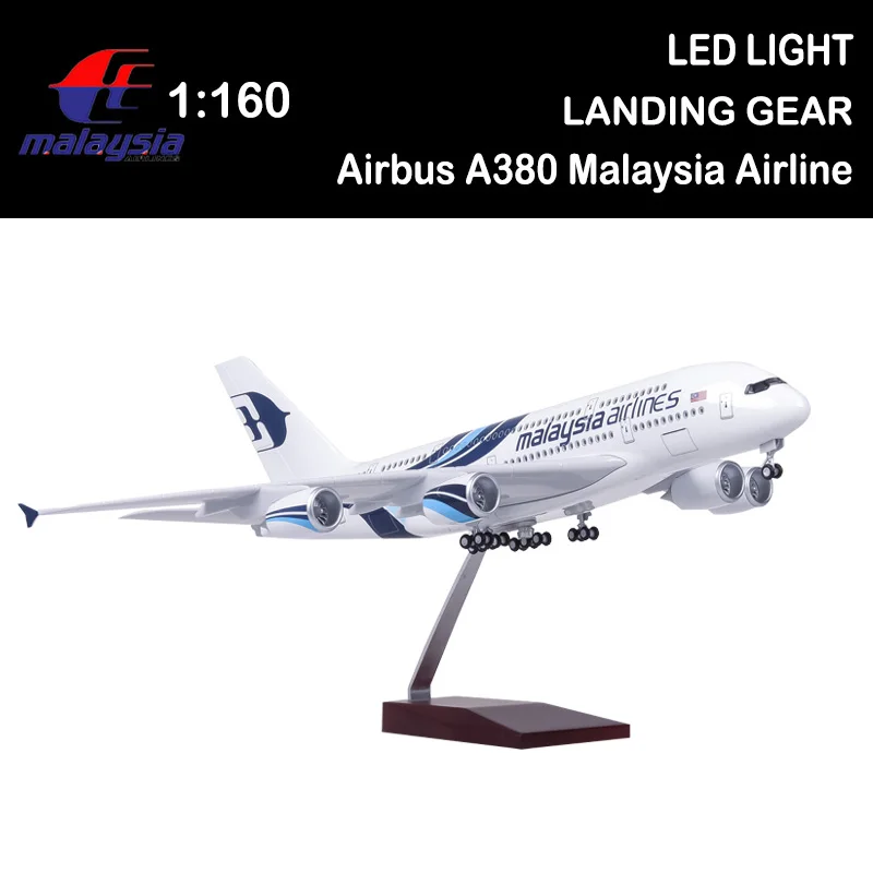 

1/160 50CM Airplane 380 A380 Malaysia Airline Model Light Wheel Diecast Plane Collection Airliner Gift Toys Kids Display