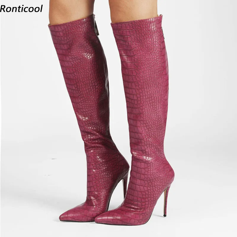 

Ronticool New Arrival Women Knee Boots Back Zipper Thin HIgh Heels Pointed Toe Beige Red Purple Club Ladies Shoes US Size 5-15