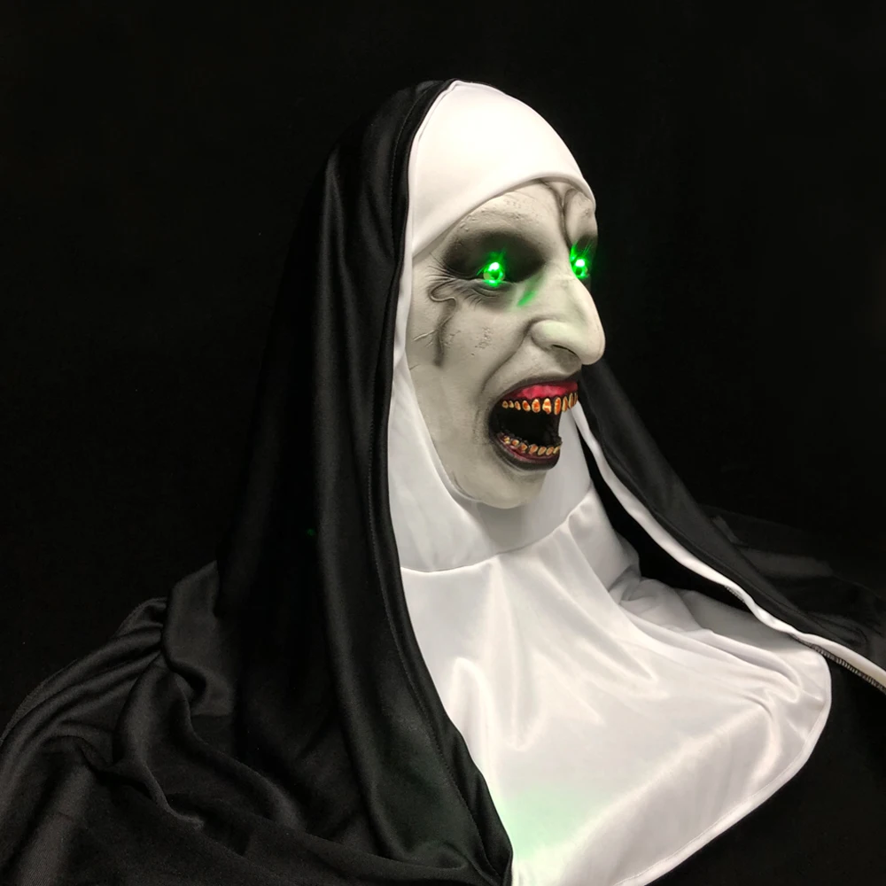 Nun-コスプレ用の怖いラテックスマスク,ヘッドスカーフ付きアクセサリー,LEDライト,ハロウィーンパーティーに最適