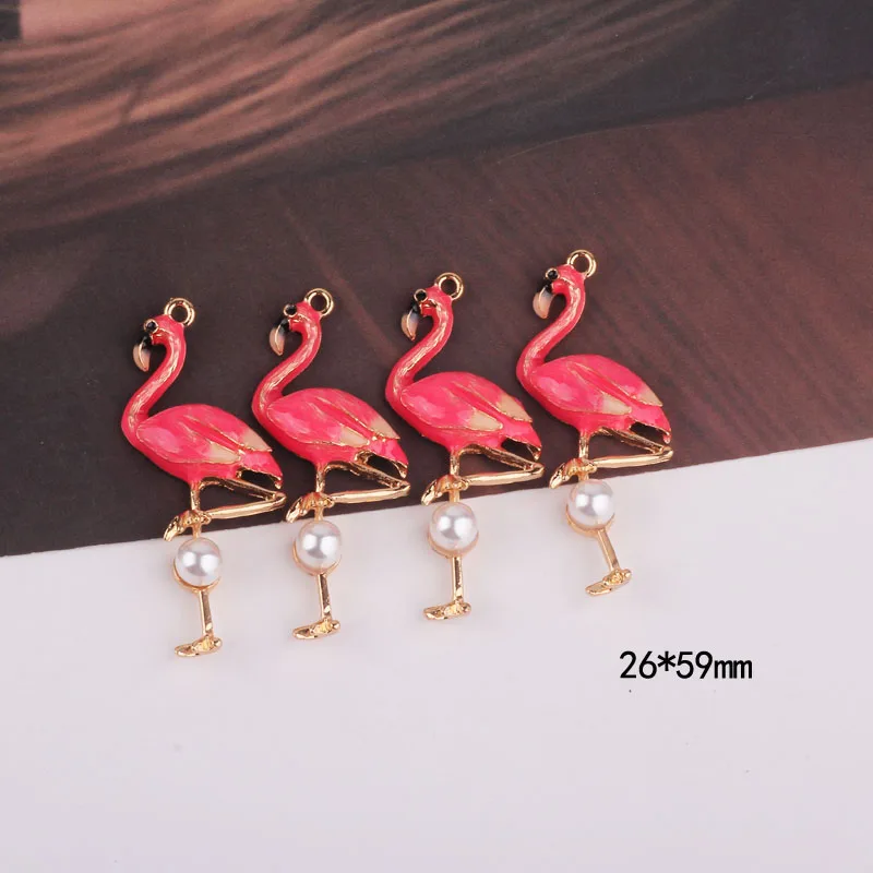 5pcs Enamel Pearl Flamingo Charms DIY Handmade Pink Bird Flamingo Pendants Bracelet Necklace Earring Pendants Jewelry Accessory