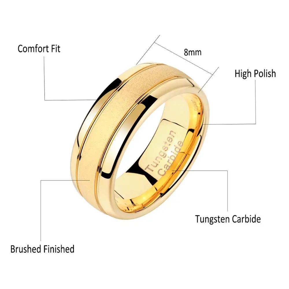Newshe Men\'s Wedding Rings Golden Color 8mm Tungsten Carbide Frosted Band Charm Jewelry Size 7-13 TRX059