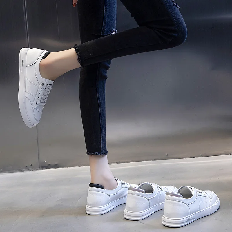 2021Big Size Women Sneakers Autumn Leather Light White Sneaker Female Platform Vulcanized Shoes Spring Casual Breathable Sports