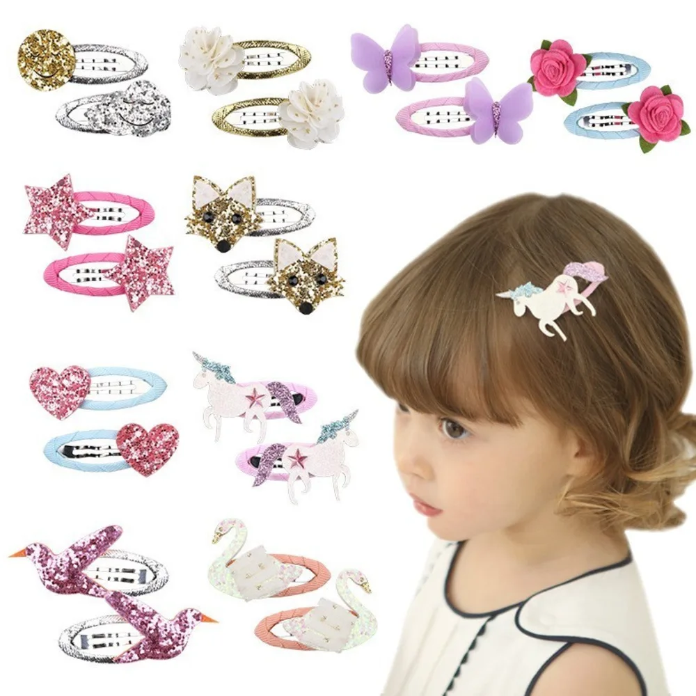 1 Pair Baby Girl Hairpin Hairclip Hairgrips Unicorn Swan Bird Flower Butterfly Headwear Newborn Kids Hair Accessory Photography