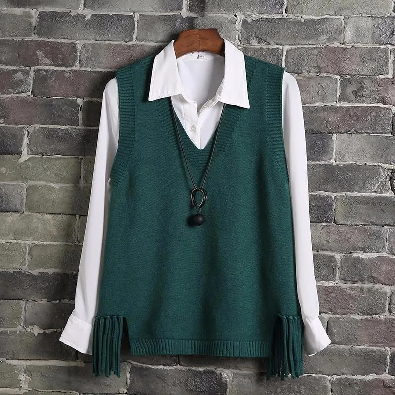 V-neck Sweater Vest Women Casual Loose Fringed Student Knitted Halter Korean Version of The Wild 2023 Spring Jumper Girl