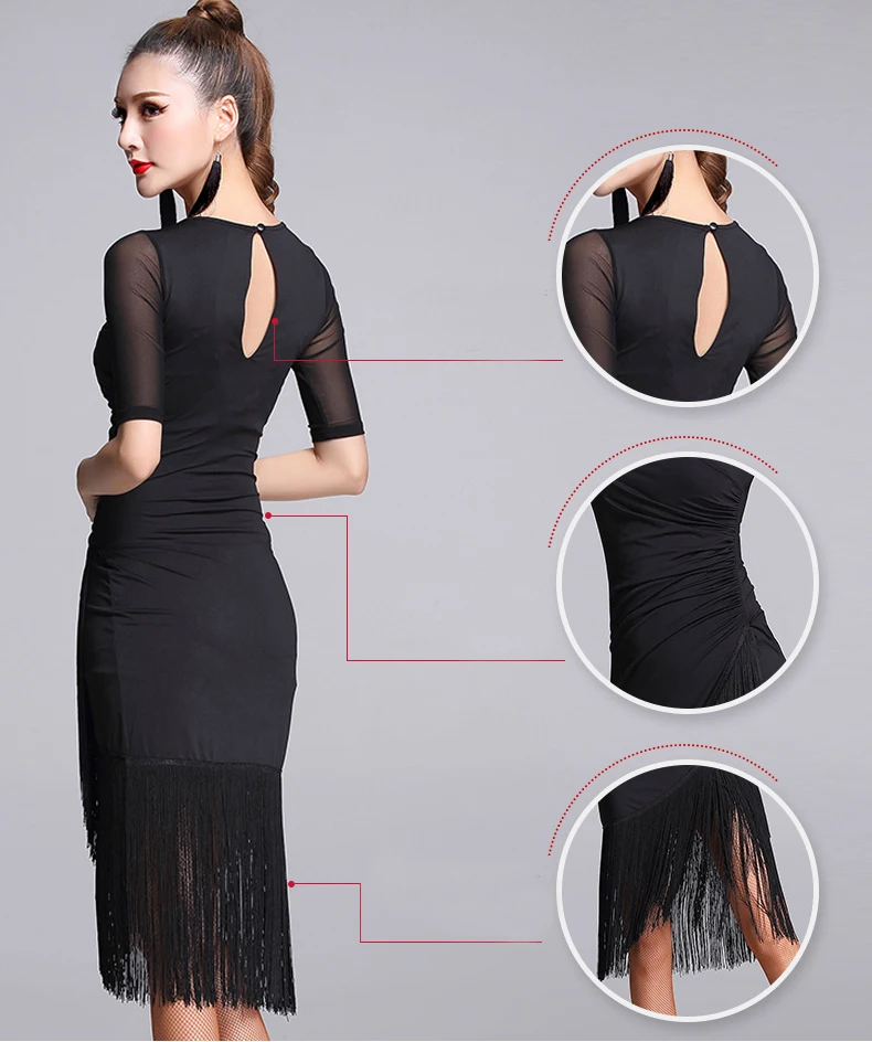 Black Latin Dance Dress Short-sleeve Latin Dance Tassel one-piece dress for women female Ballroom tango Cha Cha Rumba Costumes