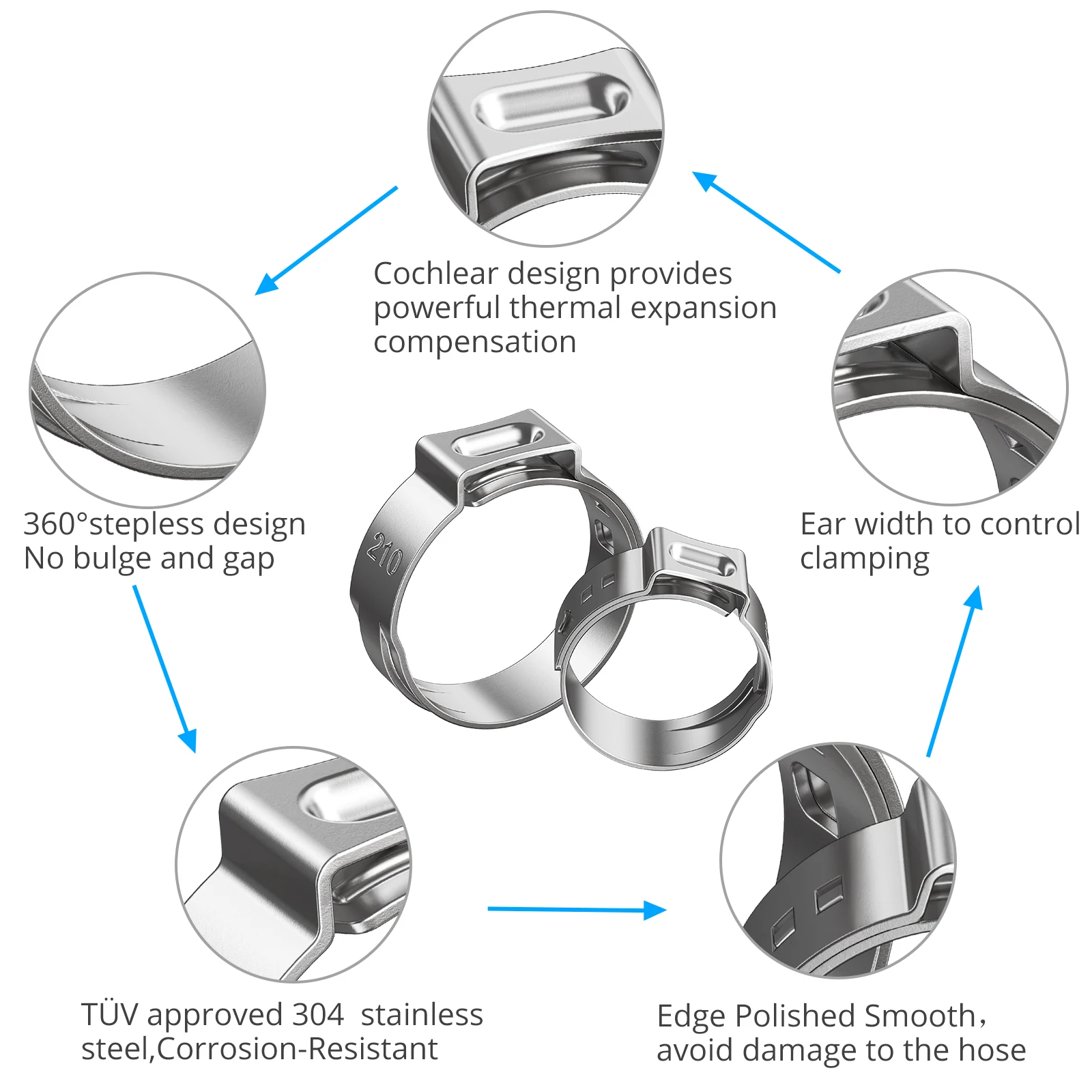 GARLLEN 130 Buah 7-21Mm 304 Klem Selang Stepless Telinga Tunggal Baja Tahan Karat 360 ° Desain Stepless Cincin Klem Selang Bermacam-macam