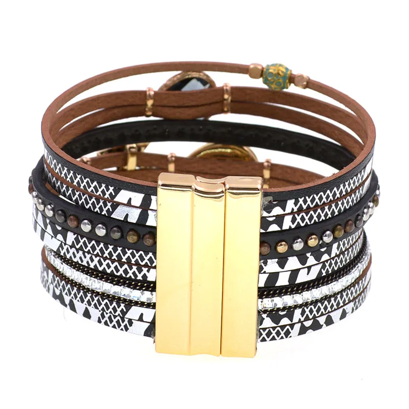 WELLMORE New 5 colors bohemia Leather bracelets for women luxury glass wrap bracelets fashion female jewelry wholesale