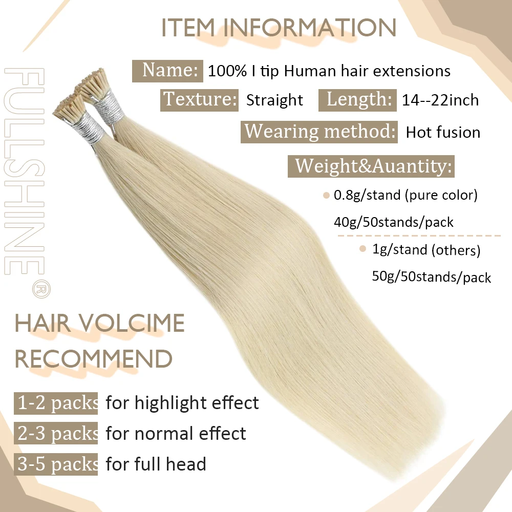 Extensiones de cabello humano Full Shine I Tip para mujer, cabello humano Remy preadherido de queratina, cabello liso suave, 50 gramos