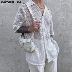 Incerun 2023 camisa masculina malha ver através lapela sexy manga curta botão de renda camisas streetwear festa nightclub roupas masculinas 7