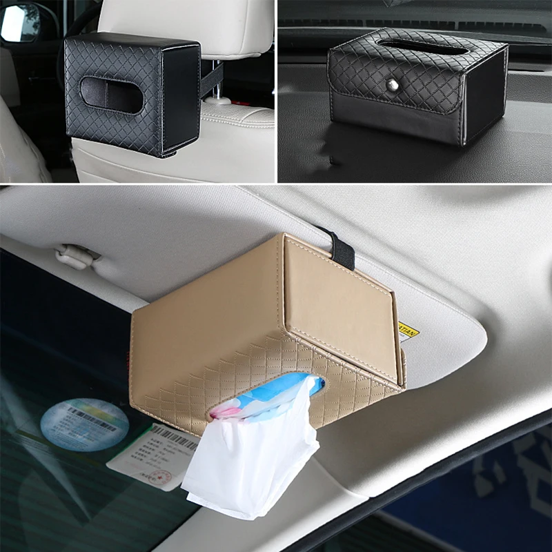 Home Car Dual-purpose Tissue Box Seat Back Hanging Creative Armrest Box Fixed Leather Sun Visor Tissue Bag Simple And Durable