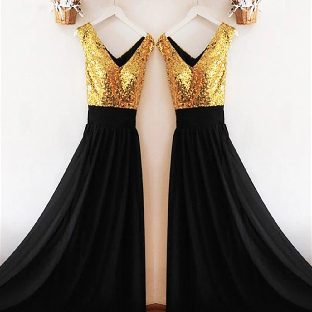 

Black A-line V-neck Sequined Chiffon Prom Evening Dress Bridesmaid Dress Sleeveless Dress