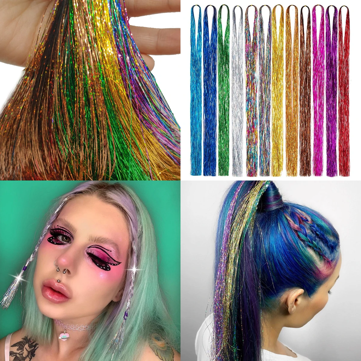 10PCS Highlights Multi-Colors Hair Tinsel Strands Fairy Sparkling Shiny Gold Silk Glitter Hair Extensions For Party