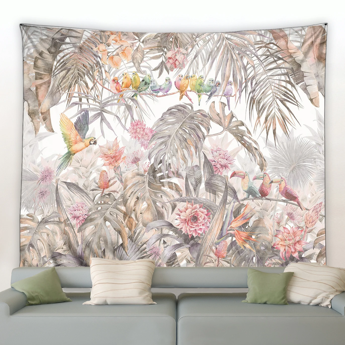 Tropical Plants Tapestry Colorful Parrot Monstera Banana Leaves Watercolor Wall Hanging Natural Landscape Living Room Tapestries