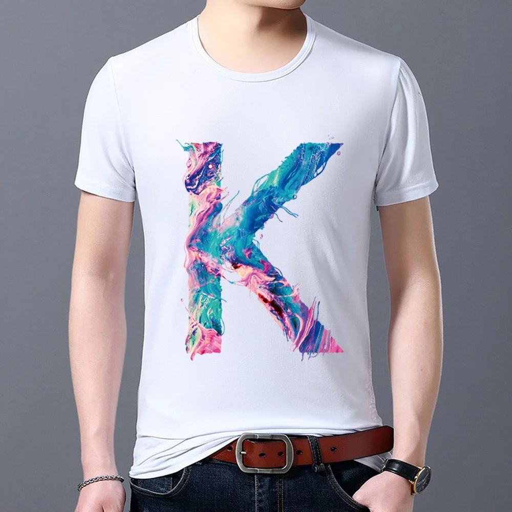 Men's Classic White T-shirt Casual Self-cultivation All-match Simple 26 English H Letter Printing Series O-neck S-5XL Paint Top image 4