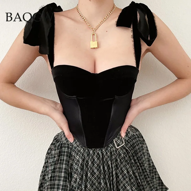 Streetwear Velour Tank Top Padded Underwire Bow Lace Up Vintage Summer Bustier Cropped Tops Women Sexy Backless Corset Party Top