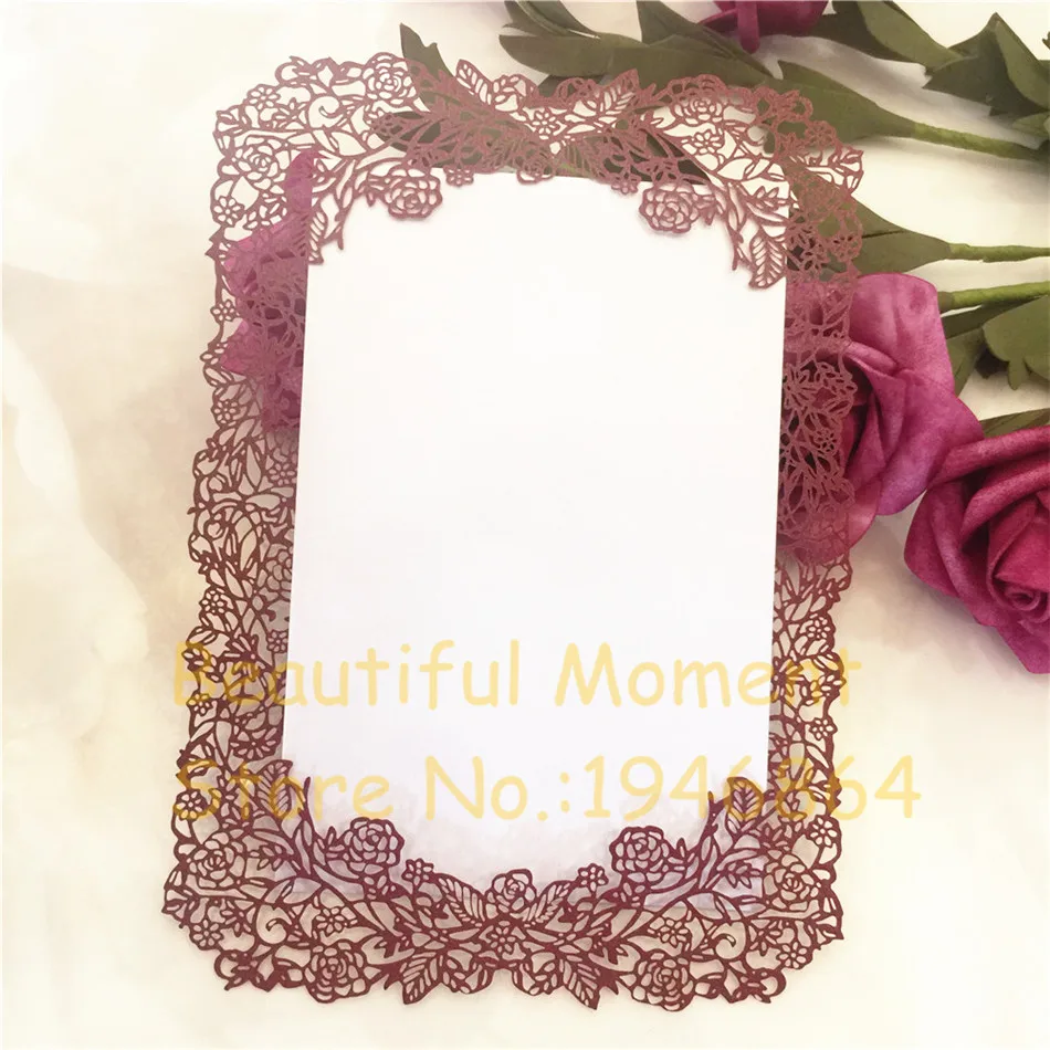 

12x17cm 20pcs laser cutting Rose design delicate paper invitation card wedding table menu card with printable black inner card